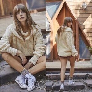 FREE PEOPLE Leo Tunic Oversized Sweater in Sassy Peach / Ivory